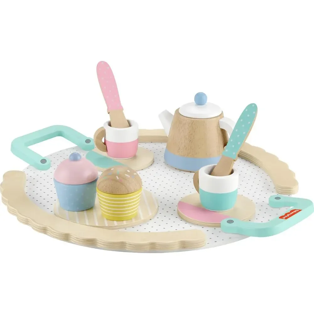 Fisher-Price Wooden Picnic Tea Set Blanket Wood Cups & Saucers 18 Pieces NIB
